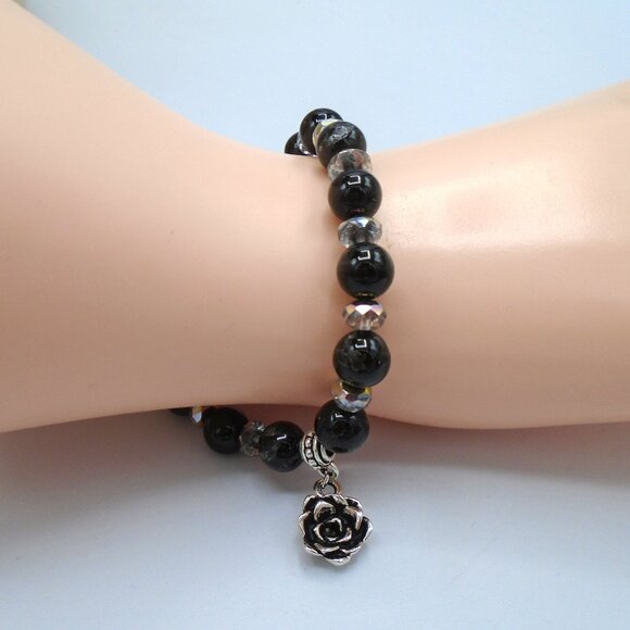 BLACK TOURMALINE Beaded Stretch Bracelet, Handmade Tourmaline Bracelet - Picture 3 of 3